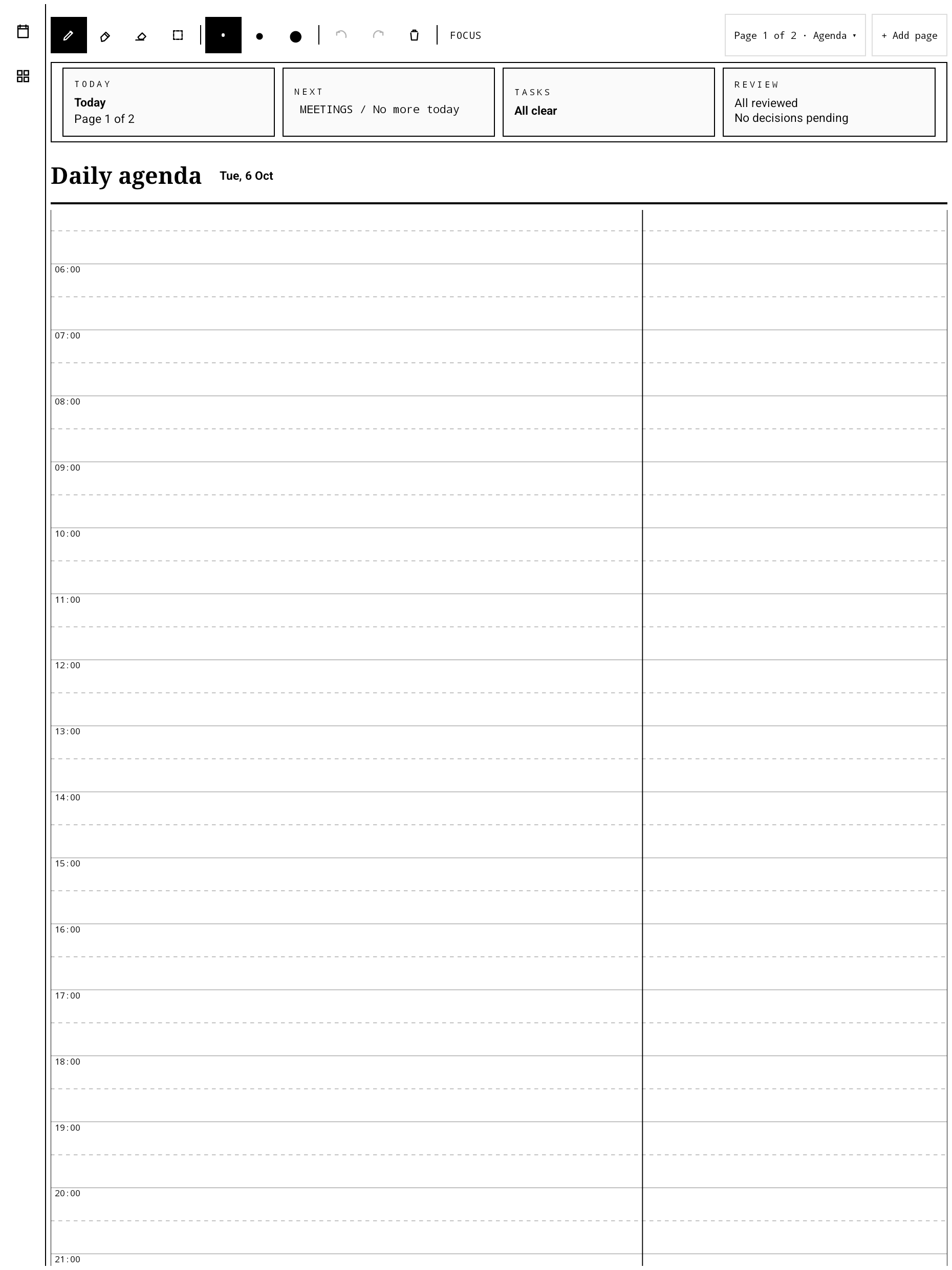 Daymark daily agenda with date navigation, an hourly schedule, and writing space